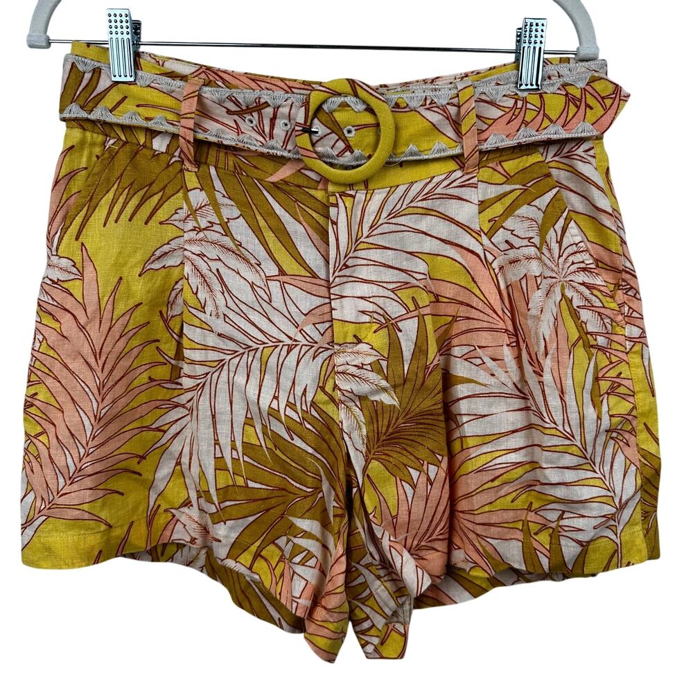Tahari Shorts Skort European Flax Linen Belted Tropical Print Yellow 8 Beachy
